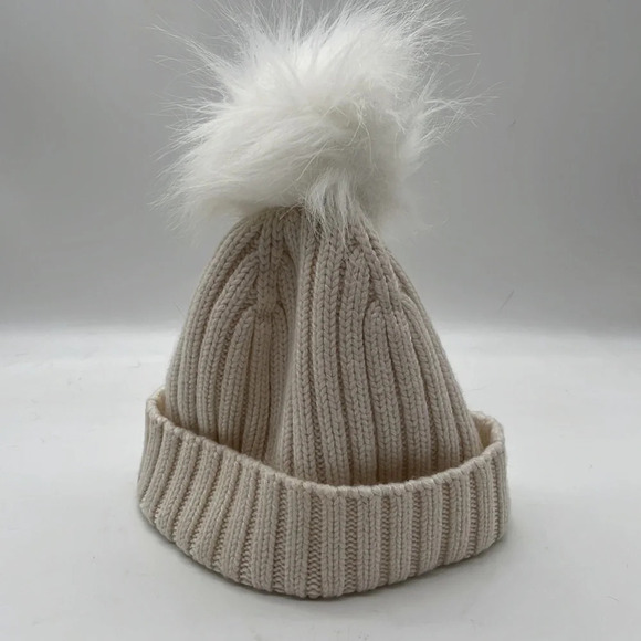 J. Crew Wool Blend Ribbed Pom Pom Beanie in Ivory - NEW - One Size - Picture 3 of 8